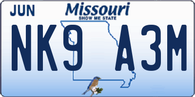 MO license plate NK9A3M