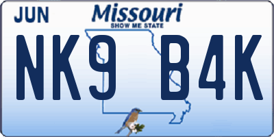 MO license plate NK9B4K