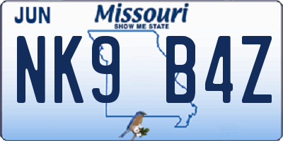 MO license plate NK9B4Z