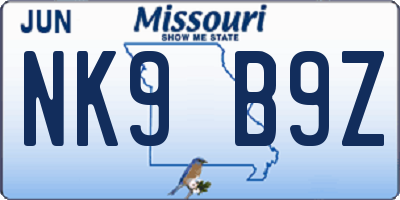 MO license plate NK9B9Z