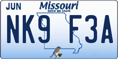 MO license plate NK9F3A