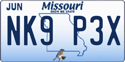 MO license plate NK9P3X