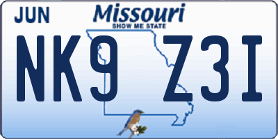 MO license plate NK9Z3I