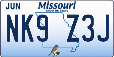 MO license plate NK9Z3J