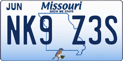 MO license plate NK9Z3S
