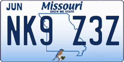 MO license plate NK9Z3Z