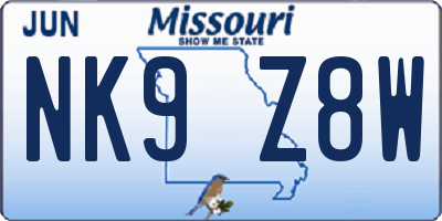 MO license plate NK9Z8W