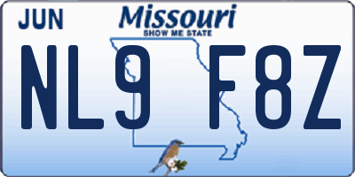 MO license plate NL9F8Z