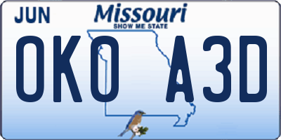 MO license plate OK0A3D