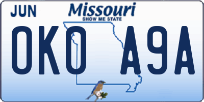 MO license plate OK0A9A