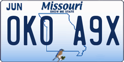 MO license plate OK0A9X