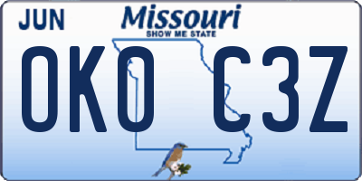 MO license plate OK0C3Z