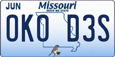 MO license plate OK0D3S