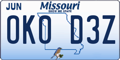 MO license plate OK0D3Z