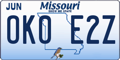 MO license plate OK0E2Z