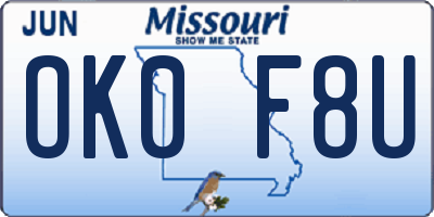 MO license plate OK0F8U