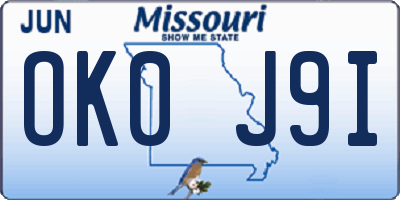 MO license plate OK0J9I