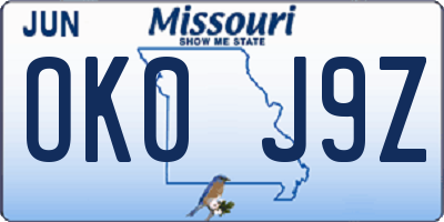 MO license plate OK0J9Z