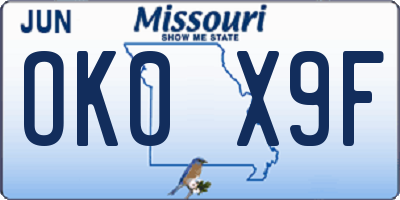 MO license plate OK0X9F