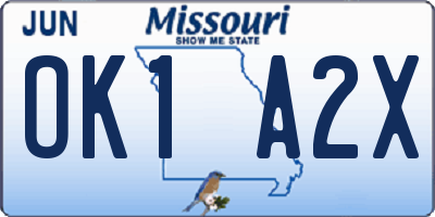 MO license plate OK1A2X