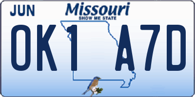 MO license plate OK1A7D
