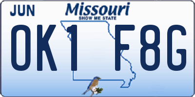 MO license plate OK1F8G
