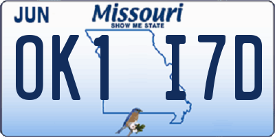MO license plate OK1I7D