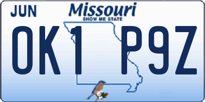 MO license plate OK1P9Z