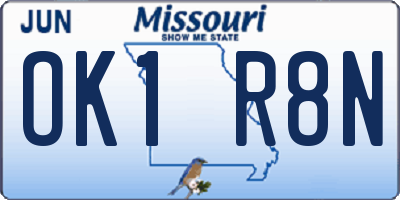MO license plate OK1R8N
