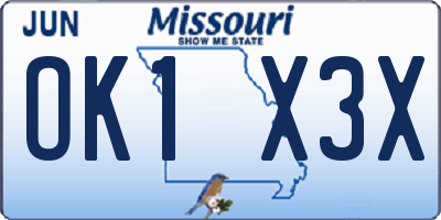 MO license plate OK1X3X