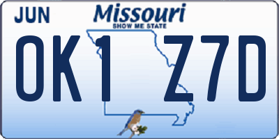 MO license plate OK1Z7D