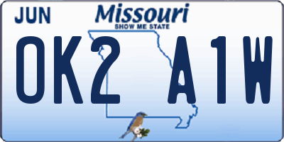 MO license plate OK2A1W