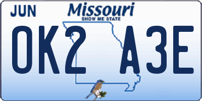 MO license plate OK2A3E