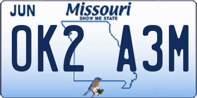 MO license plate OK2A3M