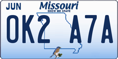MO license plate OK2A7A