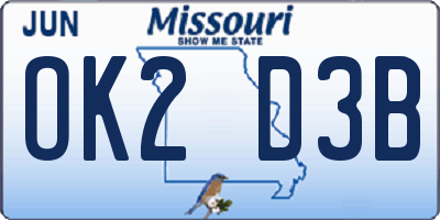 MO license plate OK2D3B