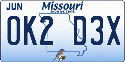 MO license plate OK2D3X