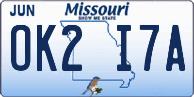 MO license plate OK2I7A