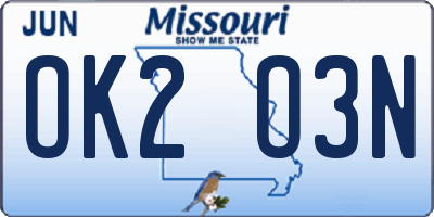 MO license plate OK2O3N