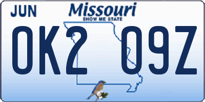 MO license plate OK2O9Z