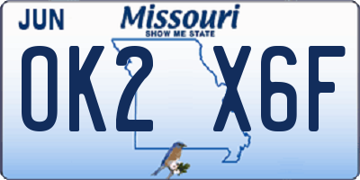 MO license plate OK2X6F