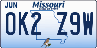 MO license plate OK2Z9W