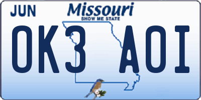 MO license plate OK3A0I