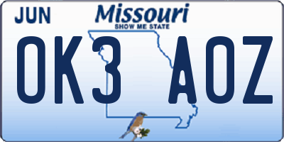 MO license plate OK3A0Z
