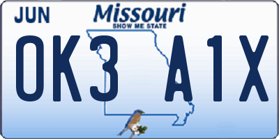 MO license plate OK3A1X