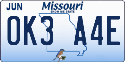MO license plate OK3A4E
