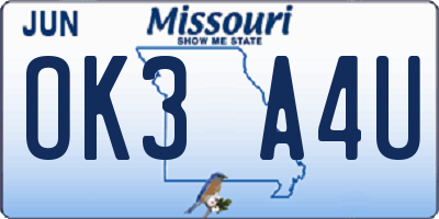 MO license plate OK3A4U