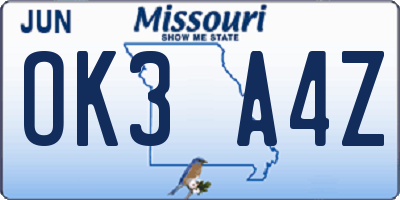 MO license plate OK3A4Z