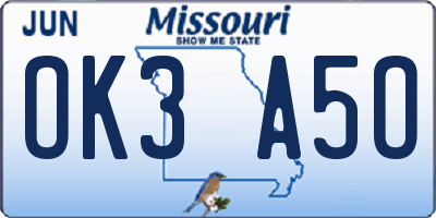 MO license plate OK3A5O