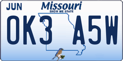 MO license plate OK3A5W